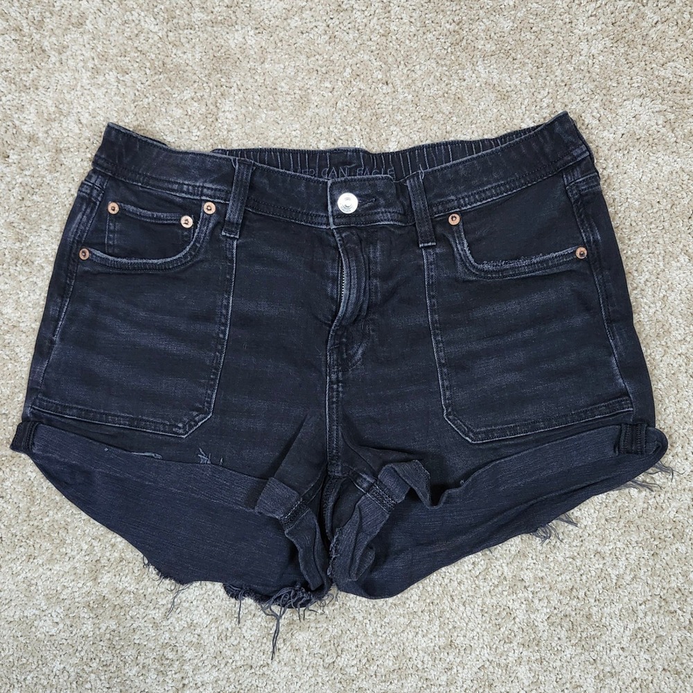 American Eagle Shorts Black Stretch High Waisted Raw Hem Casual Size 12